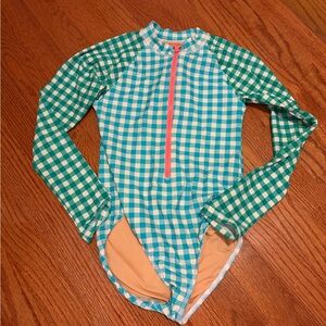 Crewcuts Green & Blue Gingham Long-Sleeve One-Piece Swimsuit with Pink Zip